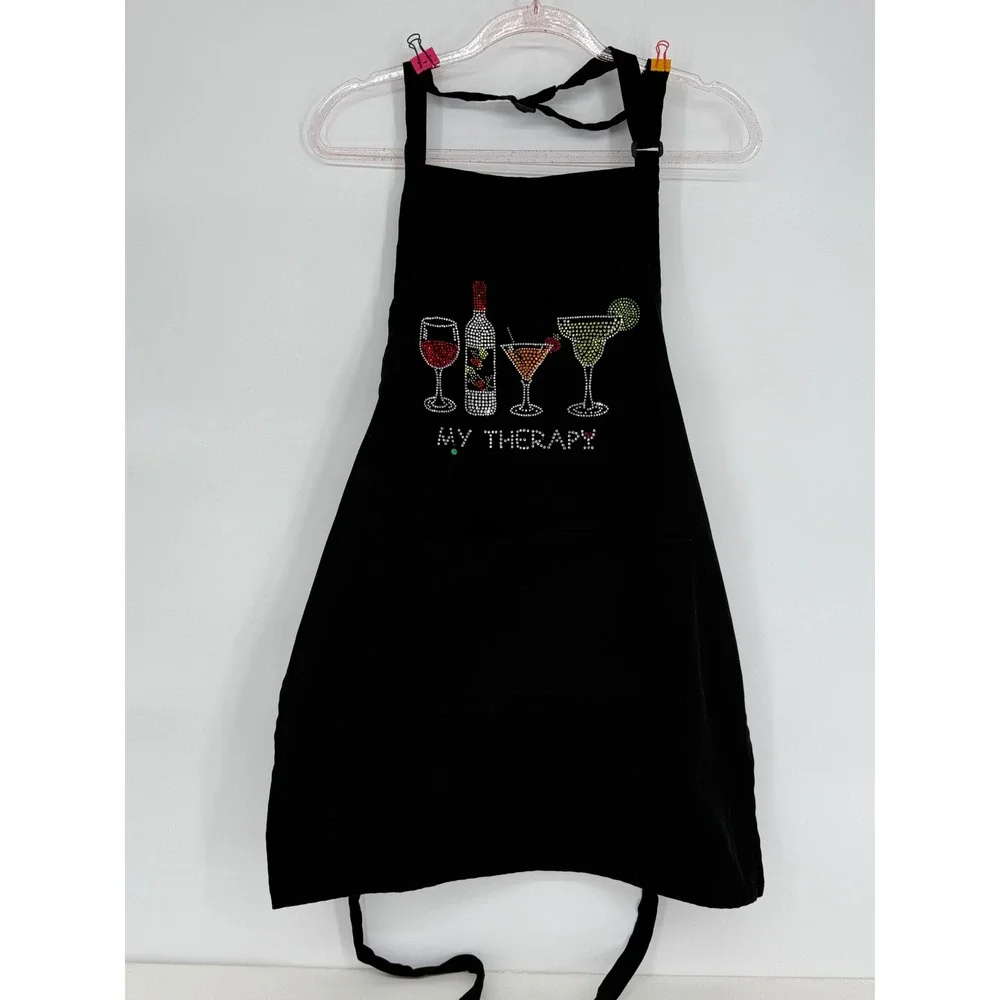Kaufman Black Apron Rhinestone Drink My Therapy Kitchen Chef‎ Cooking Baking
